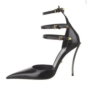 Versace Black Strappy Heels with Gold Accents